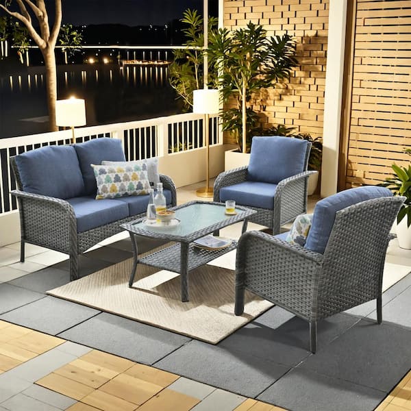 XIZZI Gladiola 4-Piece Wicker Patio Conversation Seating Sofa Set with Denim Blue Cushions