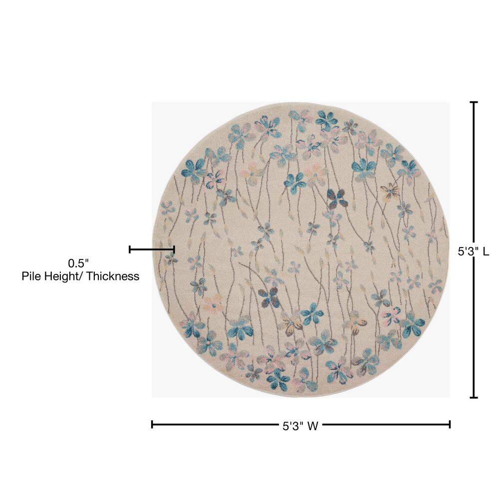 Ivory Floral Bliss Round Braided Area Rug, 63" Diameter