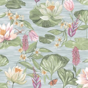 Water Lily Blue Non-Pasted Wallpaper (Covers 56 sq. ft.)
