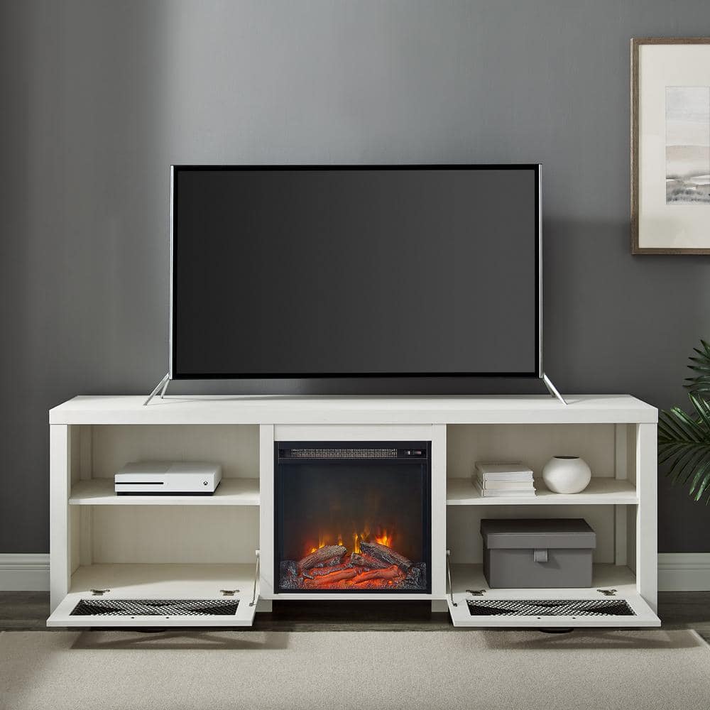 Brushed White 70" TV Stand with Electric Fireplace and Mesh Cabinets