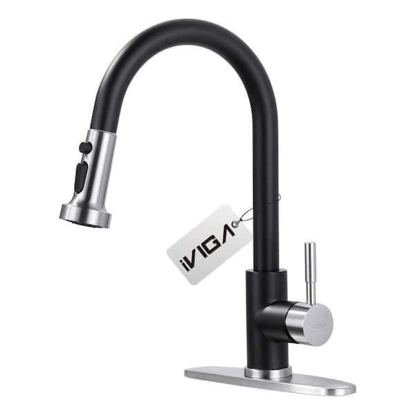 IVIGA Single Handle Pull Down Sprayer Kitchen Faucet with 3-Modes Advanced Spray and Deck Plate in Black and Brushed Nickel