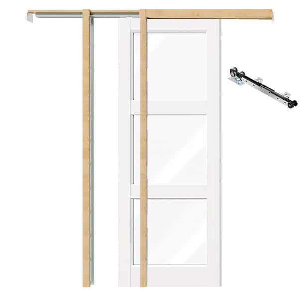 (2x32) 64 in. x 80 in. 3-Lite Clear Glass White Primed Pine Wood Pocket Door with Soft Close, Frame and Hardware Kit