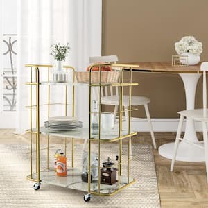 Gold Metal Frame Rolling Glass Kitchen Cart with 3-Shelves
