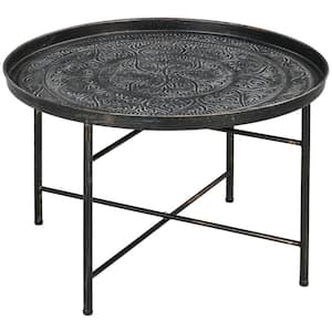 24 in. Pewter Round Metal Coffee Table with Hammered Tray Top, Vintage Metal Center Table