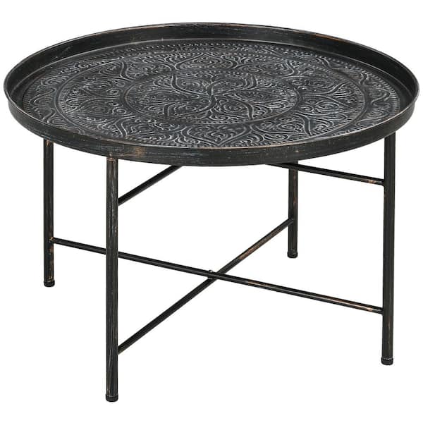 HOMCOM 24 in. Pewter Round Metal Coffee Table with Hammered Tray Top, Vintage Metal Center Table