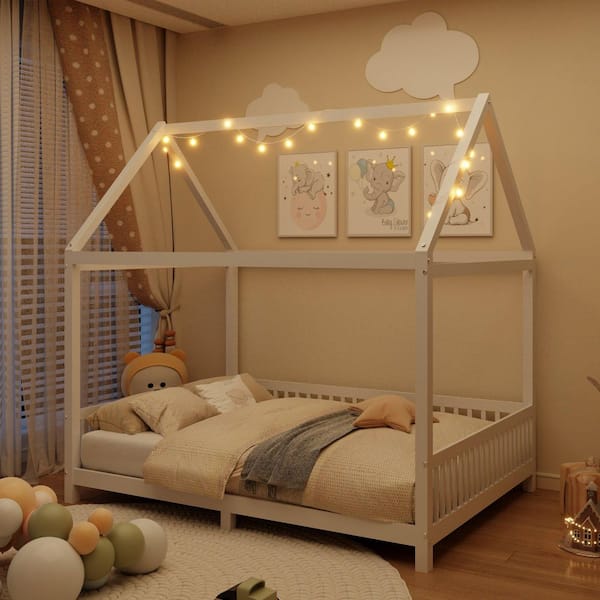 White Wood Frame Full Size Platform Bed with Guardrail and LED