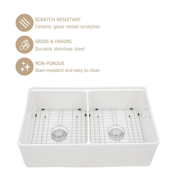 Fireclay 33 in. 50/50 Double Bowl Farmhouse/ Apron-Front Porcelain Ceramic Kitchen Sink in White