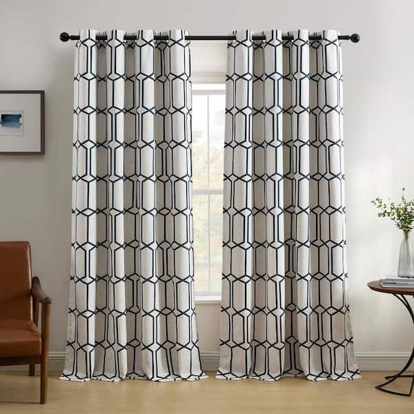 Kaiden Indigo Geometric Poly-Linen 52(in)X84(in) Grommet Top Blackout Curtain Panel