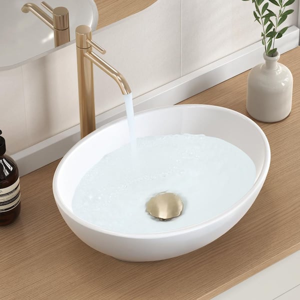 Modern White 16 in. L x 13 in. W Oval Vessel Bathroom Sink Egg Shape Above Counter
