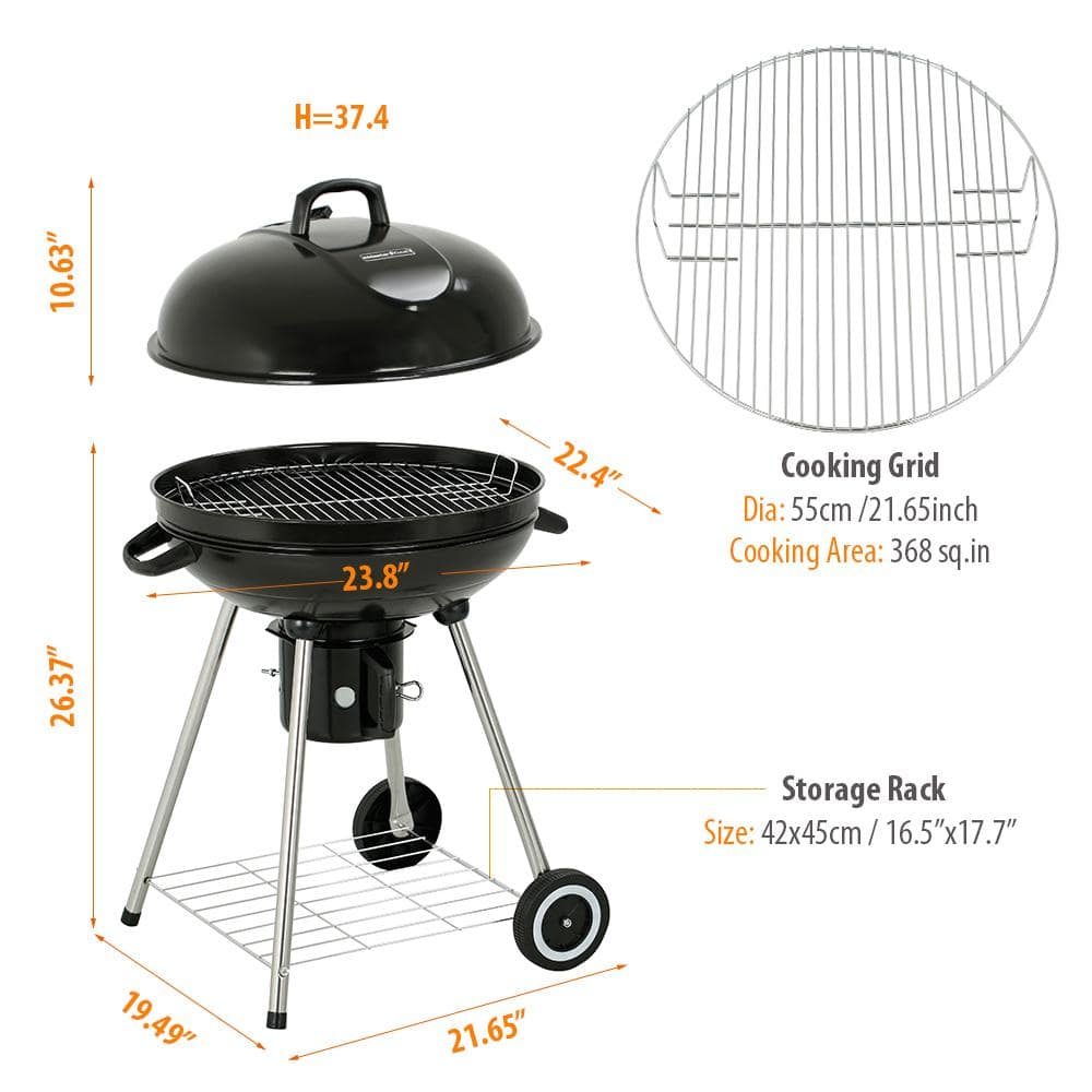 22-Inch Black Porcelain Kettle Charcoal Grill with Wheels