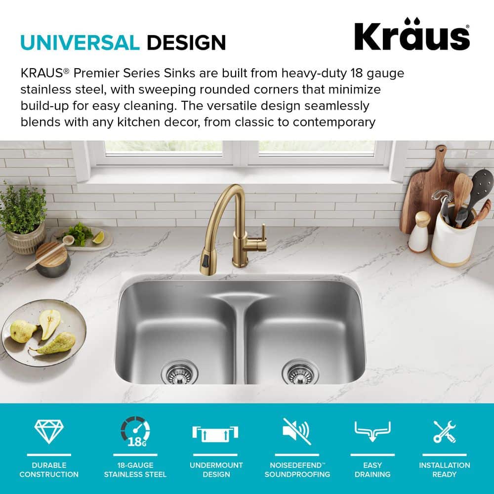 Premier 32-Inch Stainless Steel Double Bowl Undermount Kitchen Sink