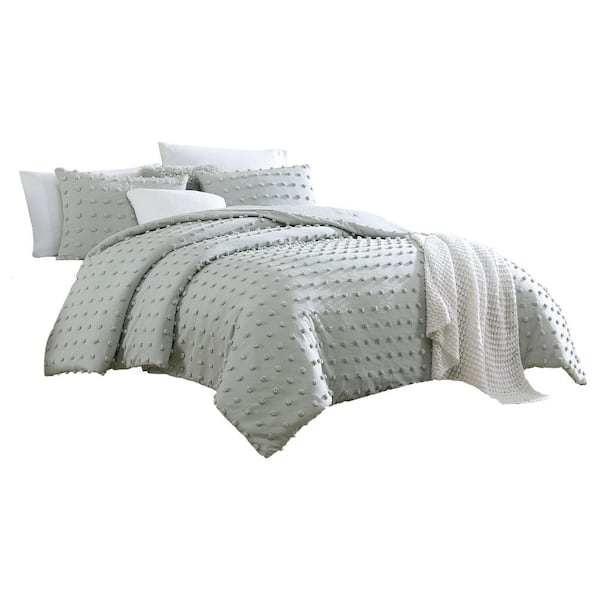 swift home Swift Home 3-Piece Light Gray Microfiber Full/Queen Boho Jacquard Pom-Pom Comforter Set