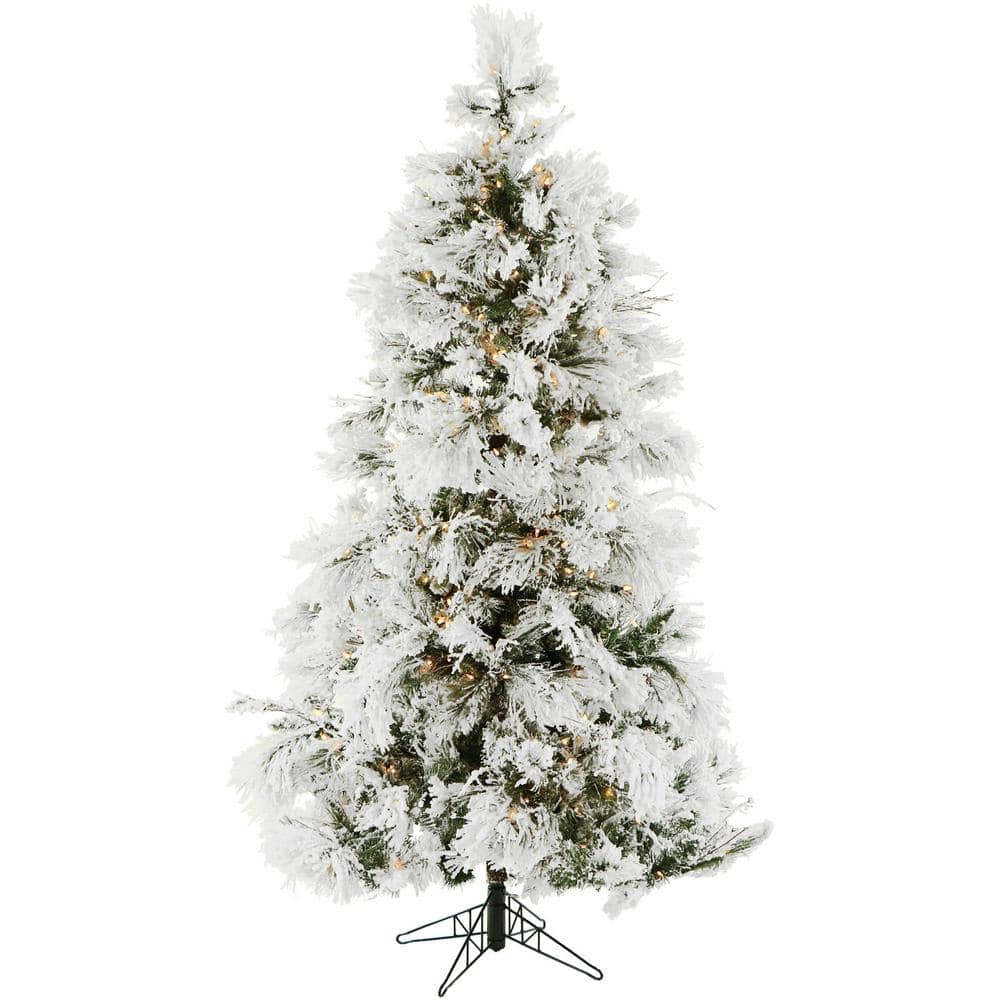 7.5-ft. Pre-Lit Snow Flocked Snowy Pine Artificial Christmas Tree, Smart Li