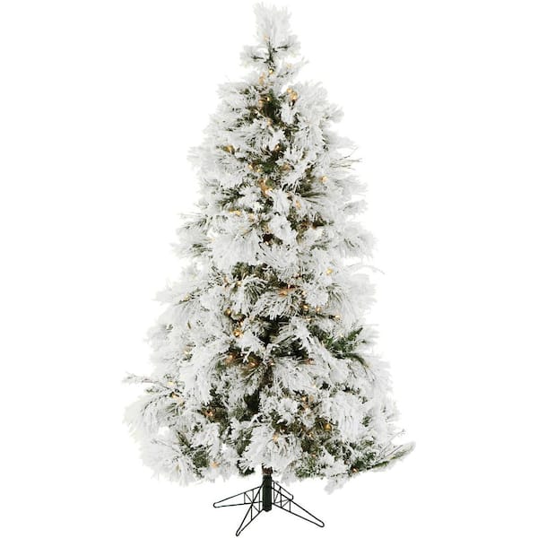 Home White Depot Pre-Lit Warm FFSN090-5SN - Christmas Snow Hill Artificial The LED Farm Flocked Tree, 9-ft. Lights Fraser Pine Snowy