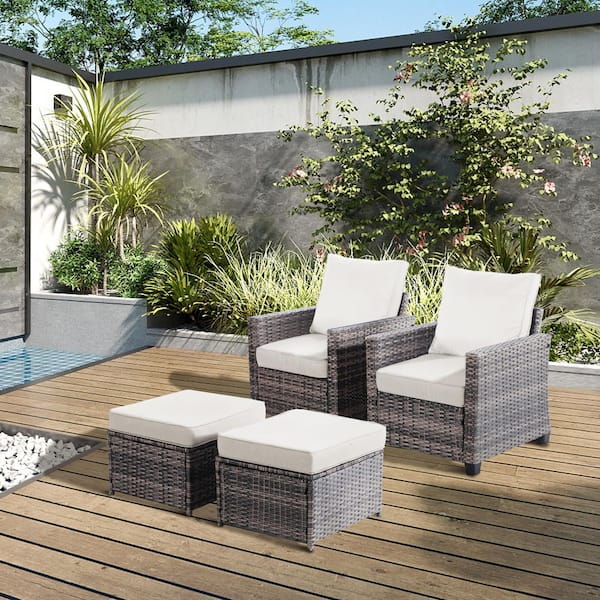 4-Piece Wicker Outdoor Brown Sofa and Ottoman with Beige Cushions