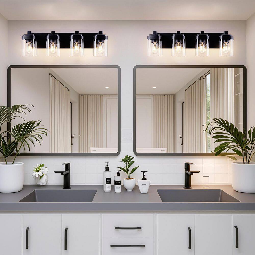 24 in. 4-Light Matte Black Farmhouse Bathroom Vanity Light with Clear Glass Shade price history on PriceWatchPro