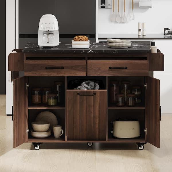 Nestfair Walnut Brown Wood 51 in. Kitchen Island with Trash Can, Drop Leaf, Drawers and Adjustable Shelf
