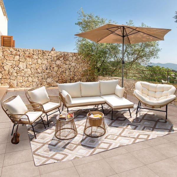 FINCATI 6-Piece Boho Outdoor Furniture Patio Wicker Conversation Sectional Set with Rocking Chair, Ice Bucket, Beige Cushion