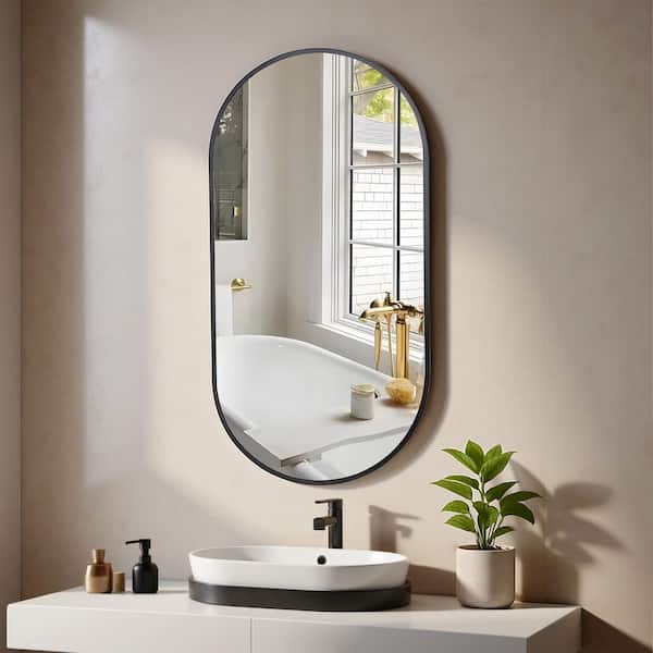 20 in. W x 40 in. H Modern Oval Metal Framed Wall Mounted Bathroom Vanity Mirror in Black