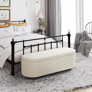 Farrah 54 in. Wide Oval Velvet Upholstered Entryway Flip Top Storage Bedroom Accent Bench in Ivory