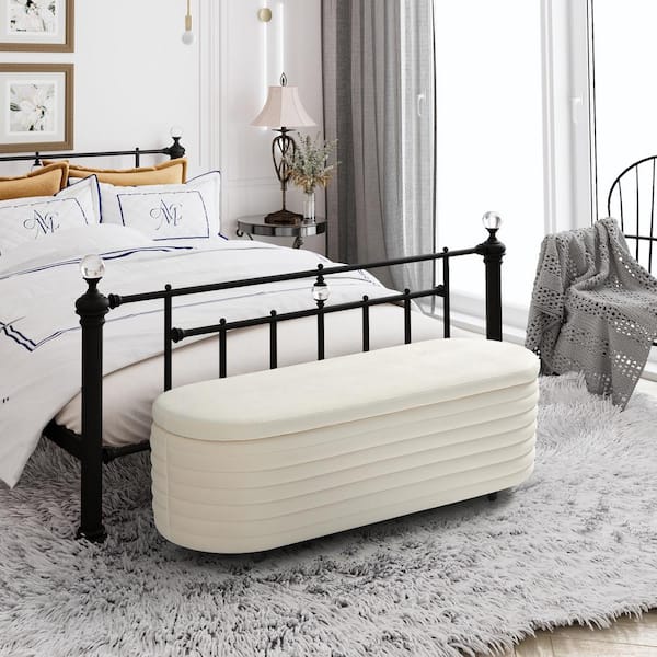 WESTINFURNITURE Farrah 54 in. Wide Oval Velvet Upholstered Entryway Flip Top Storage Bedroom Accent Bench in Ivory