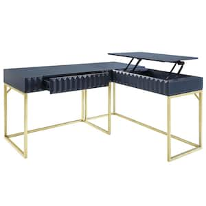 Gotheimer 56.75 in. L-Shaped Lift Top Blue and Gold Writing Desk Set with Hidden Drawer