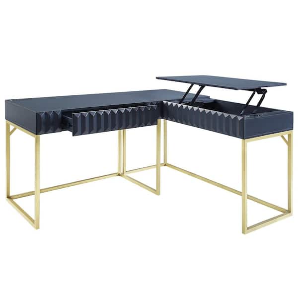 Furniture of America Gotheimer 56.75 in. L-Shaped Blue and Gold Writing Desk Set with Lift-Top