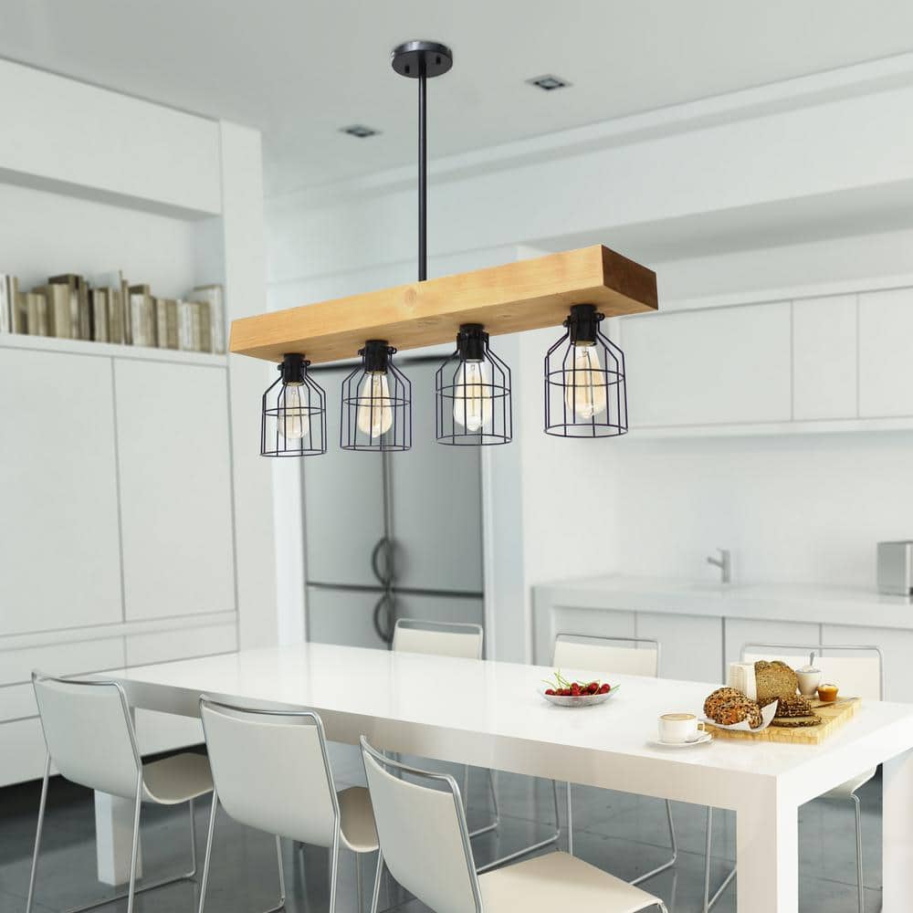 Rustic 4-Light Wooden Beam Farmhouse Pendant in Light Wood