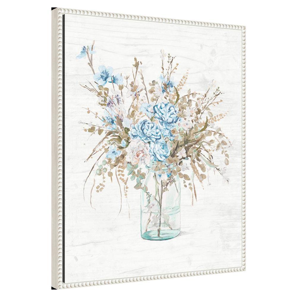 Blue Flowers in Glass Vase Canvas Wall Art with White Frame