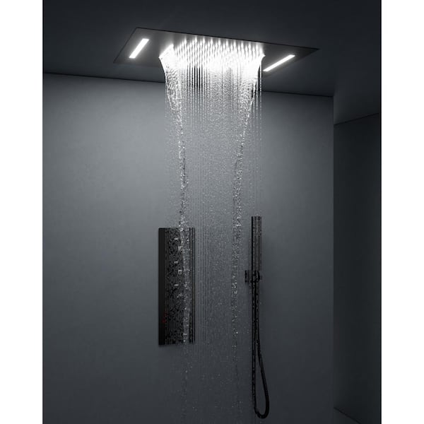 CRANACH Thermostatic Valve 7-Spray 23x15 in. LED Dual Ceiling Mount Fixed and Handheld Shower Head 2.5 GPM in Matte Black