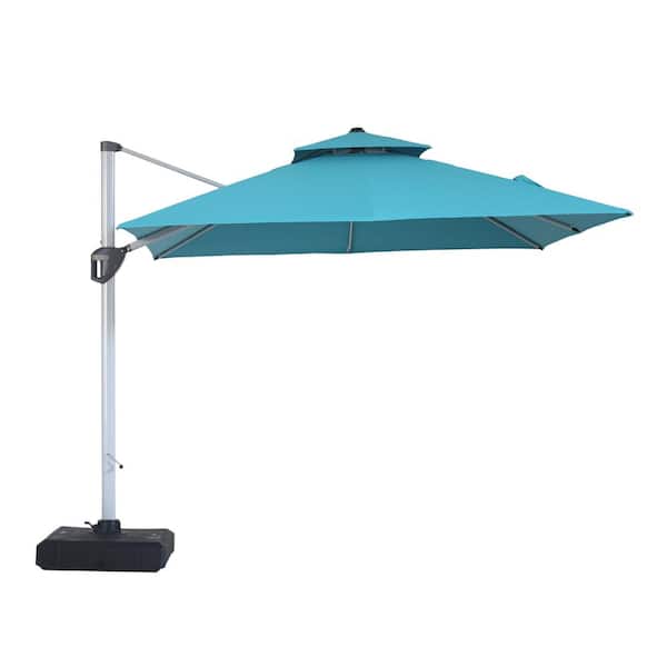Clihome 10 ft. Outdoor Lake Blue Patio Cantilever Square Umbrella with Base, Protective Cover, 360-Degree Rotating Foot Pedal