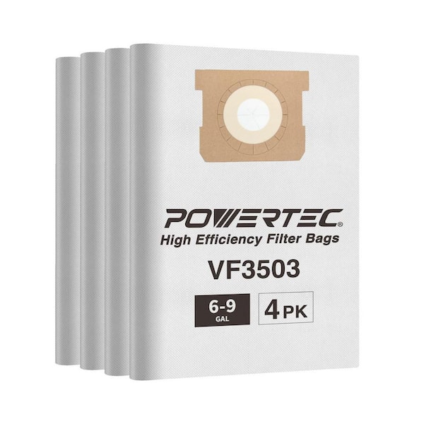 POWERTEC 6-9 Gal. Shop Vacuum Bag for Ridgid VF3503/ Workshop WS32090F2, Replacement Filter Bag for Ridgid RT0600/ Workshop (4PK)