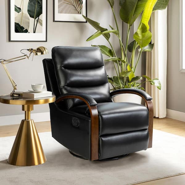 Jayden Creation Joseph Black Genuine Leather Swivel Rocking Manual Recliner with Straight Tufted Back Cushion and Curved Mood Arms