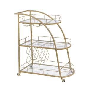Golden 3-Tier Metal and Glass Rolling Bar Cart or Serving Cart with Glass Top