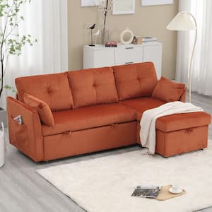 81 in. Square Arm 3-Piece Velvet Upholstered L-Shaped Pull Out Sectional Sofa Bed in Orange with Storage Chaise