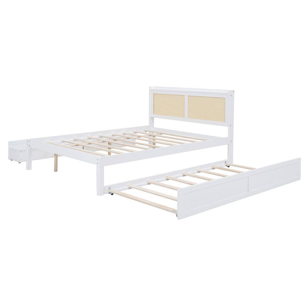 White Pine Queen Platform Bed with Rattan Headboard and Storage Drawers
