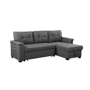 84 in. Square Arm 3-Piece Linen L-Shaped Sectional Sofa in Dark Gray with Convertible
