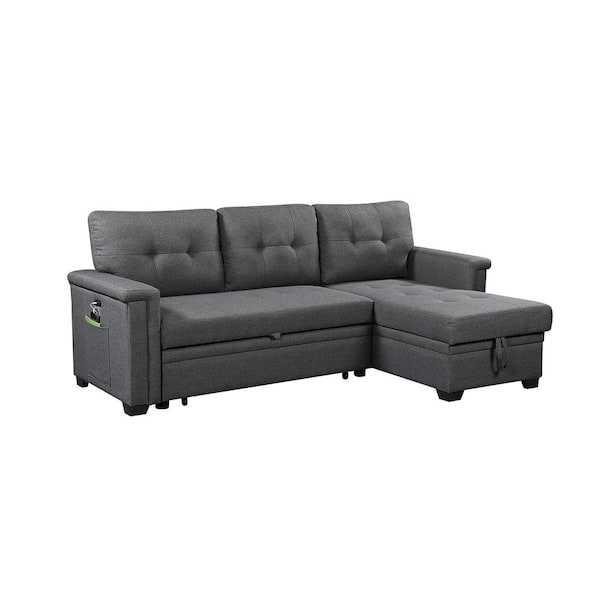 SIMPLE RELAX 84 in. Square Arm 3-Piece Linen L-Shaped Sectional Sofa in Dark Gray with Convertible