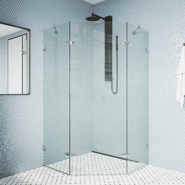 VIGO Gemini 46 in. L x 46 in. W x 73 in. H Frameless Pivot Neo-Angle Shower Enclosure in Chrome with Clear Glass