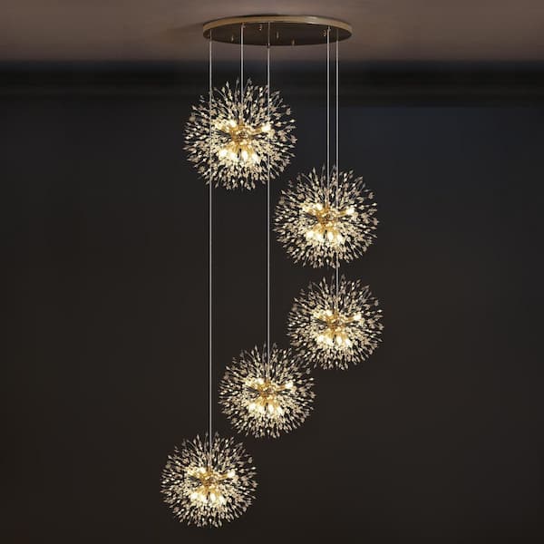 Calzada Decor 40-Light Gold Dandelion Firework Chandelier, 5-Globe Pendant Ceiling Lighting