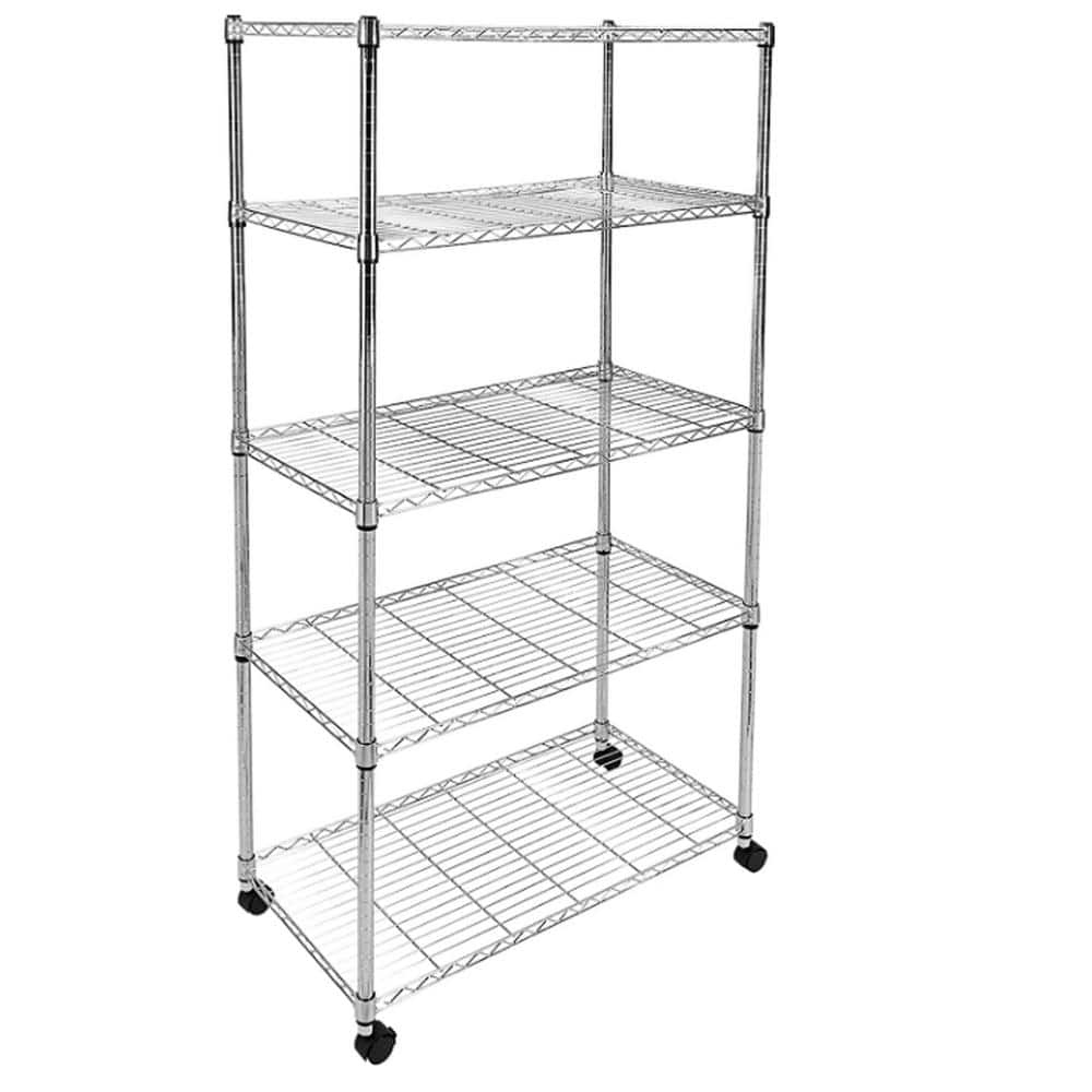 5-Tier Silver Heavy Duty Foldable Metal Kitchen Cart with Wheels Moving ...