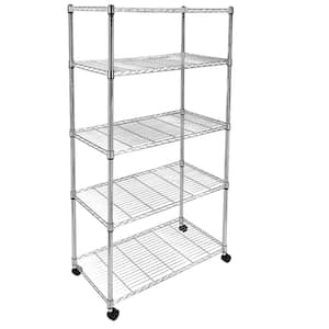 5-Tier Silver Heavy Duty Foldable Metal Kitchen Cart with Wheels Moving Easily Organizer Shelves, 36"W x 14"D x 60"H
