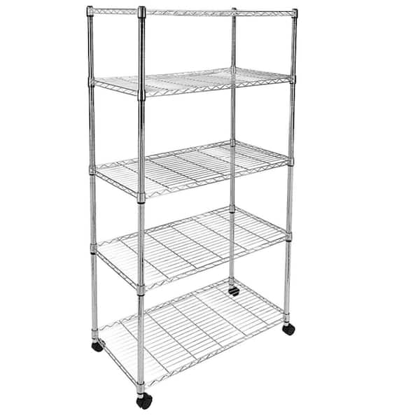 Unbranded 5-Tier Silver Heavy Duty Foldable Metal Kitchen Cart with Wheels Moving Easily Organizer Shelves, 36"W x 14"D x 60"H