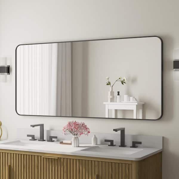 WELLFOR Bella 60 in. W. x 28 in. H Rectangular Aluminum Framed Wall-Mounted Bathroom Vanity Mirror in Matte Black