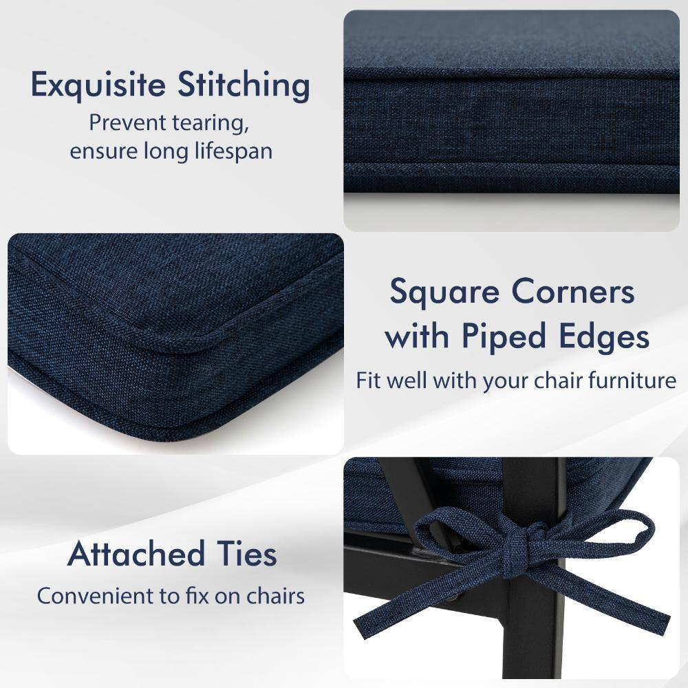 Detail of stitching and edges on a navy blue seat cushion.
