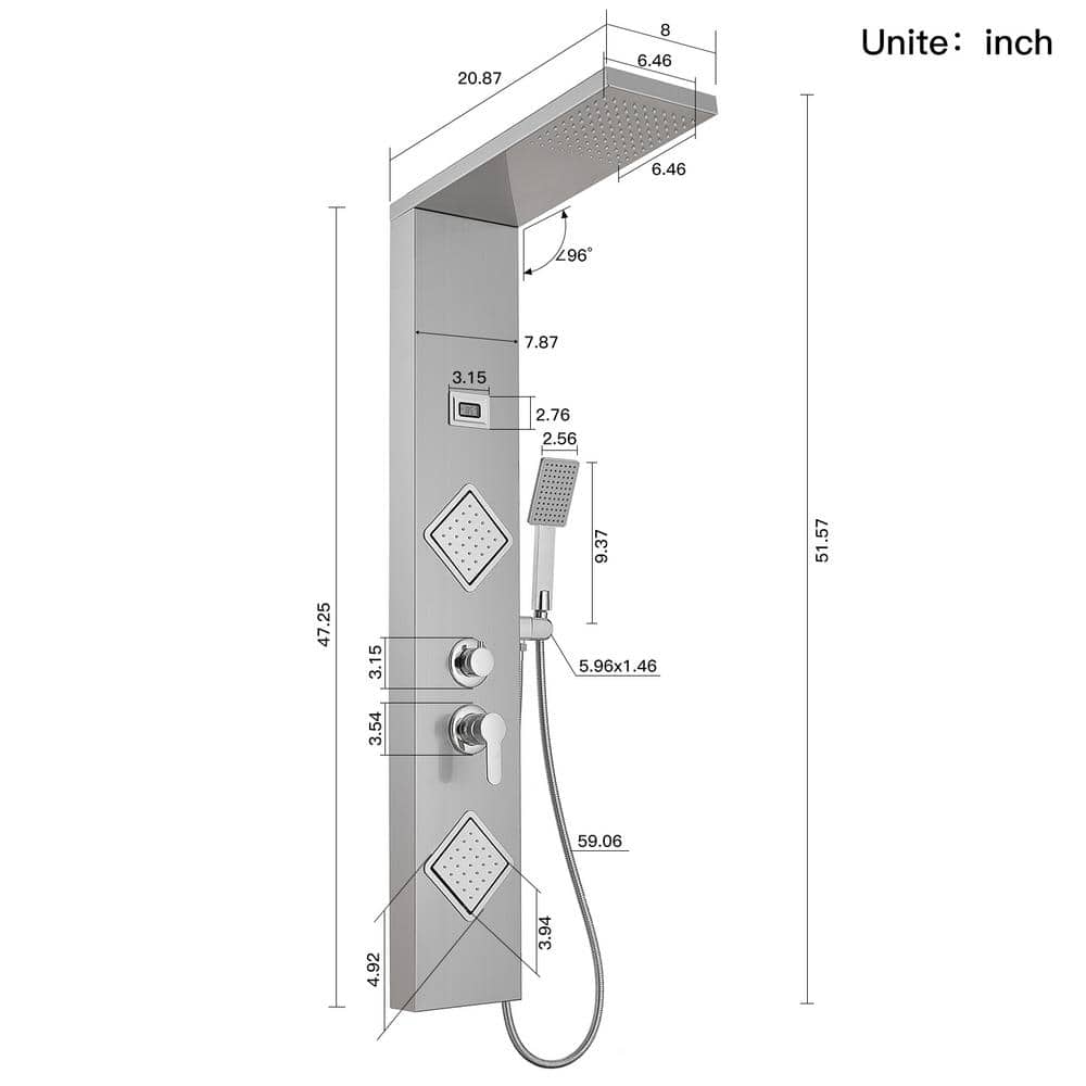 52'' Nickel Chrome Rainfall Shower Panel System with Body Jets