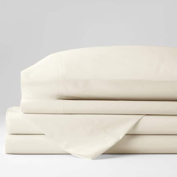 The Company Store Organic 4-Piece Ivory Solid 300-Thread Count Cotton Percale Queen Sheet Set