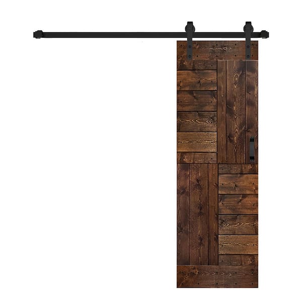 ISLIFE S Series 30 in. x 84 in. Dark Walnut Finished DIY Solid Wood Sliding Barn Door with Hardware Kit