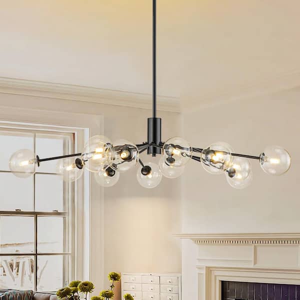 Rennnsan Aiden 15-Light Black Contemporary Dimmable Sputnik Glass Globe Chandelier with Clear Glass Globe Bubble