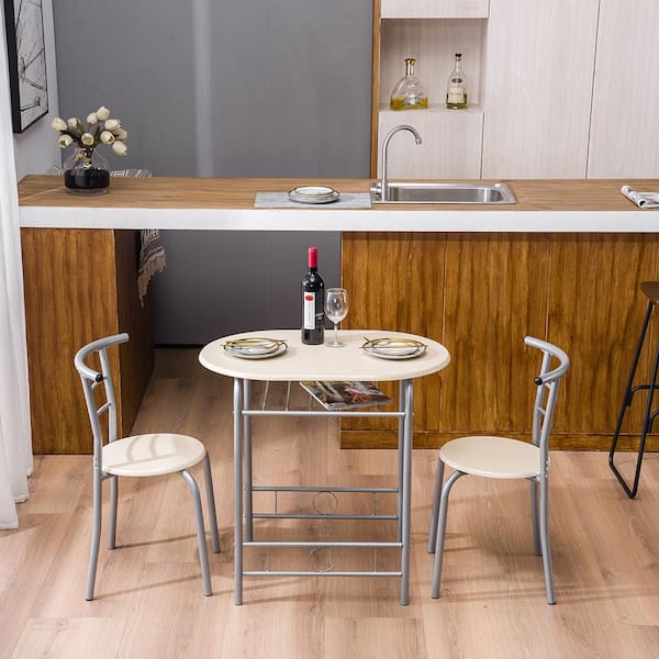 Karl home Modern 3 Piece Beige & Silver Oval Dining Set Breakfast Table